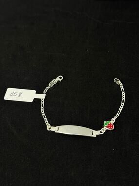 Sterling Silver Kids ID Bracelet 6 Inch Figaro Chain Strawberry Charm 925 4g